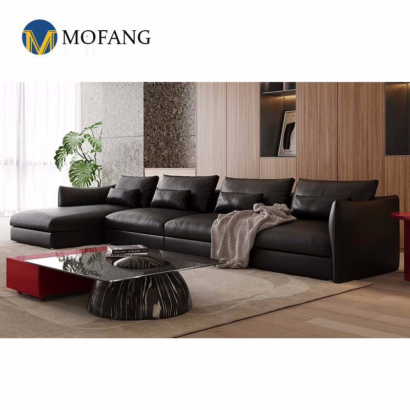 Top-layer cowhide Italian-style leather sofa, light luxury design for large apartments&mdash;minimalist, modern living room sectional sofa ideal for spacious flat layouts.