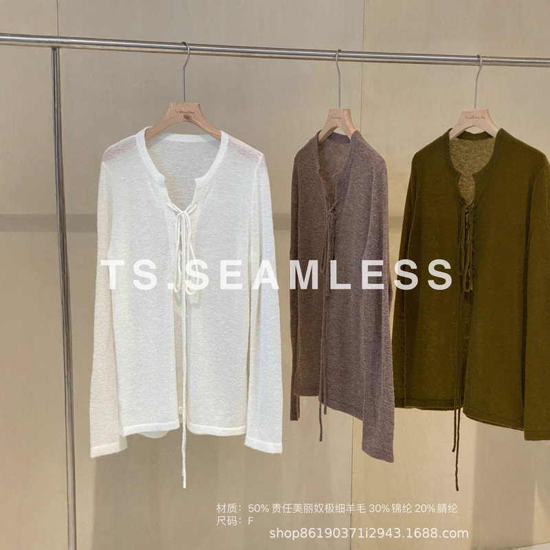 Ts.Seamless Ultra-Fine Looped Wool Knitted Deep V Strap Top Designer Loose T-Shirt N163