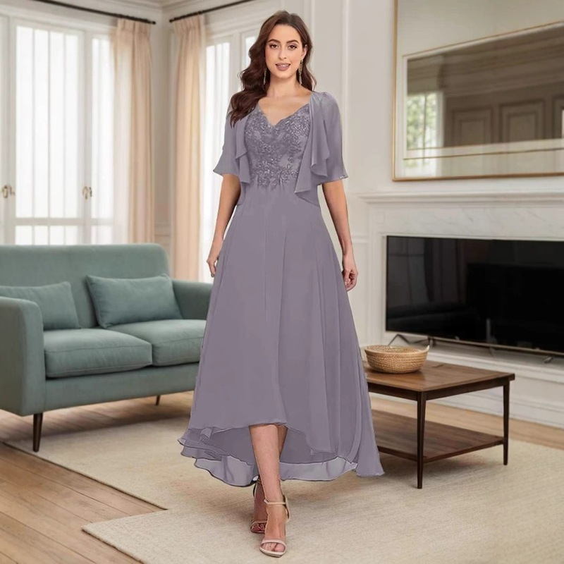 2025 European and American Plus Size Evening Dress for Fat People V-Neck Flying Sleeves Bridesmaid Hosting Stage Performance Annual Party Party Dress