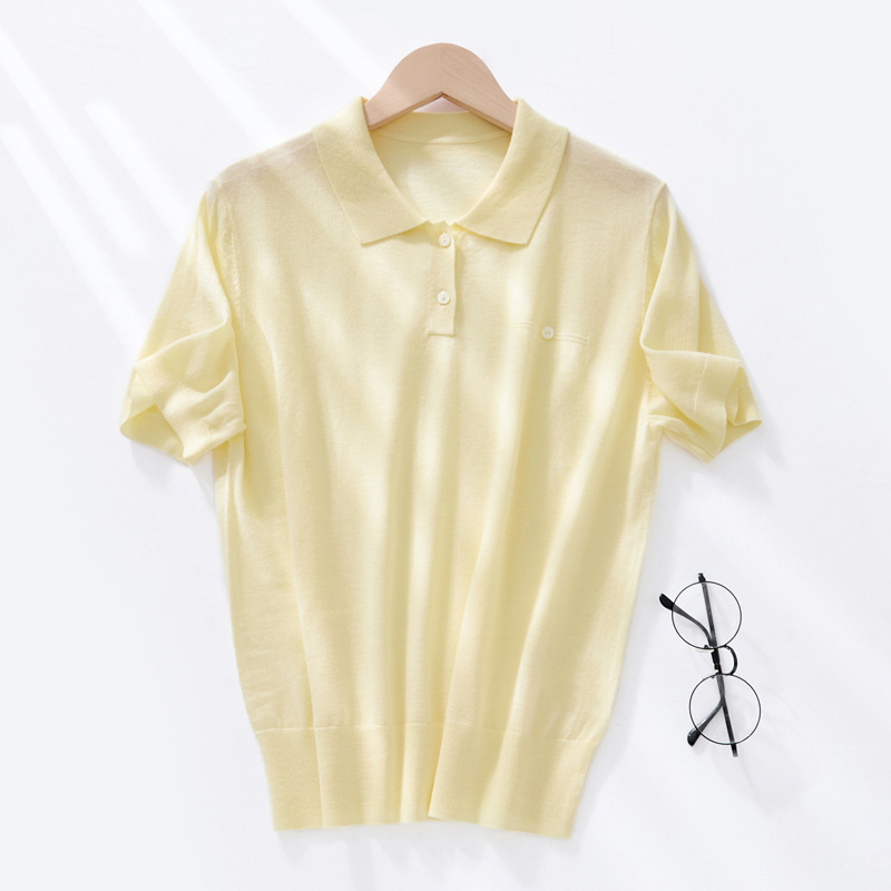 Summer Thin Women's Polo Collar Fine Wool Short-Sleeve Knit Shirt, Stylish and Intellectual Commuter Top, Turn-Down Collar T-Shirt with Half Sleeves Summer Thin Women's Polo Collar Fine Wool Short-Sleeve Knit Shirt, Stylish and Intellectual Commuter Top, Turn-Down Collar T-Shirt with Half Sleeves