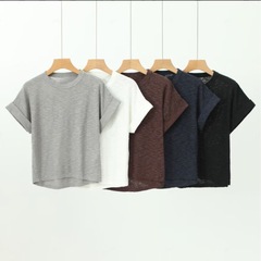 コントラストストライプラウンドネック万能リネン半袖Tシャツ2025夏軽くて通気性のあるオフショルダートップで肉感をカバーして着痩せ