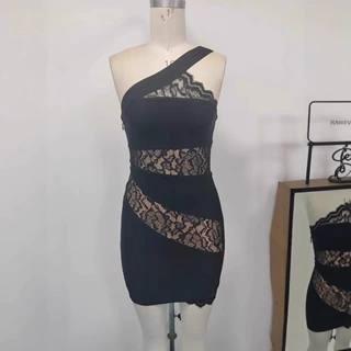 连衣裙黑色蕾丝拼接性感透视晚礼服跨境外贸欧美包臀连衣裙