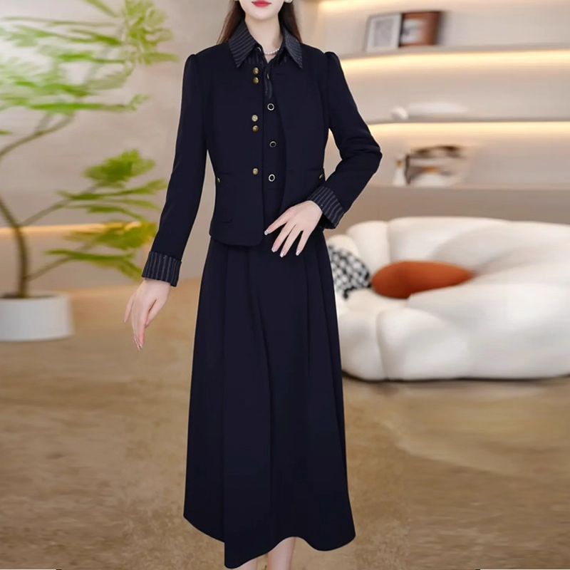 时尚干练套装裙女2025新款秋修身气质外套衬衫领连衣裙两件套