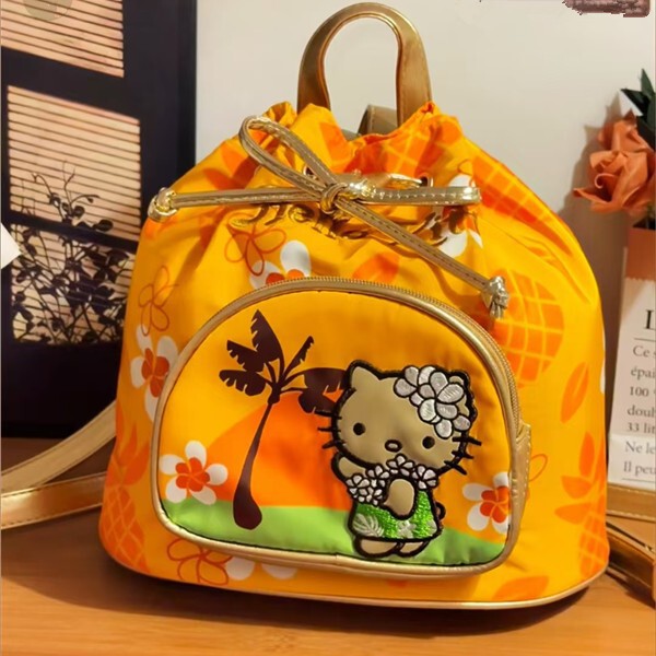 Hello Kitty Retro American Backpack Hawaii Large Capacity Drawstring Backpack Versatile Casual Bucket Bag