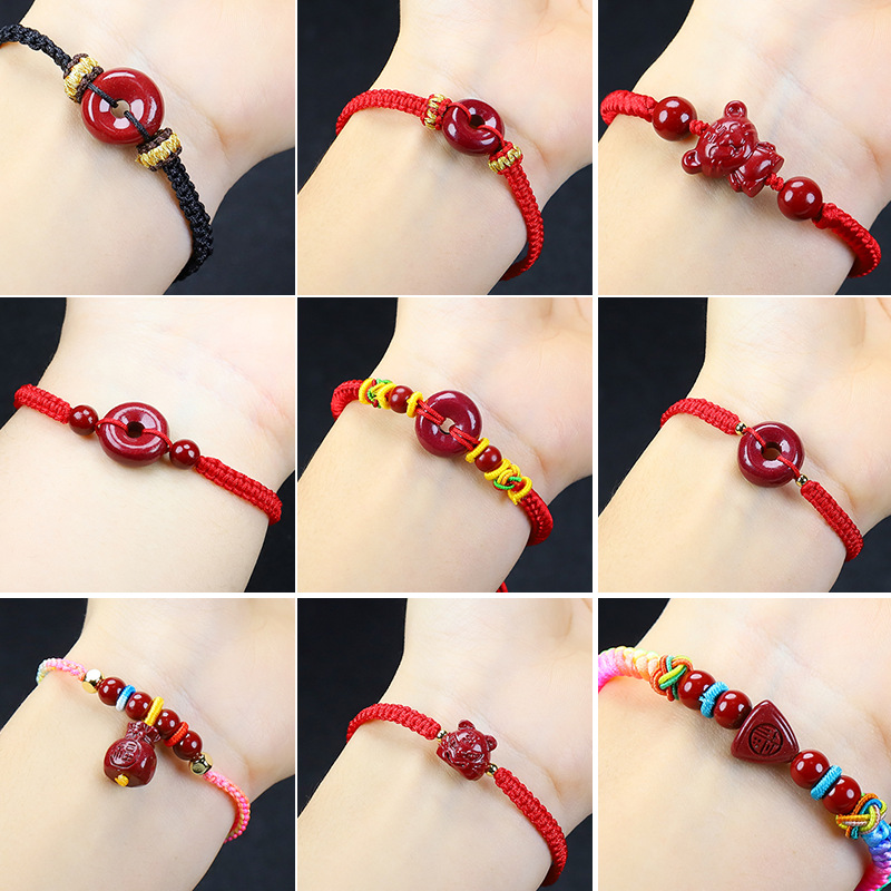 New Natural Cinnabar Hand-Woven Rope Bracelet Purple Gold Sand Safety Buckle Bracelet Women's Birth Year Hand Jewelry Niche Design