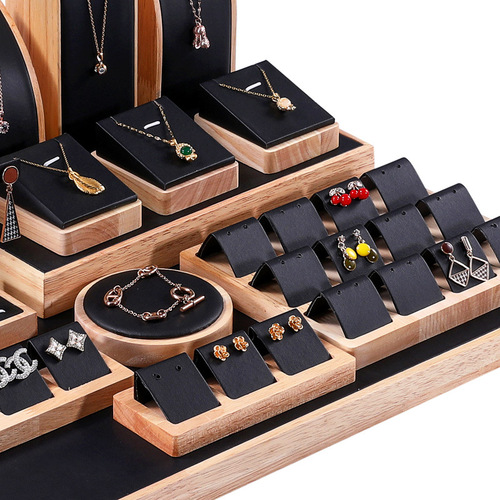 Solid wood black leather jewelry display props combination set counter window jewelry ornaments jewelry display display shelf