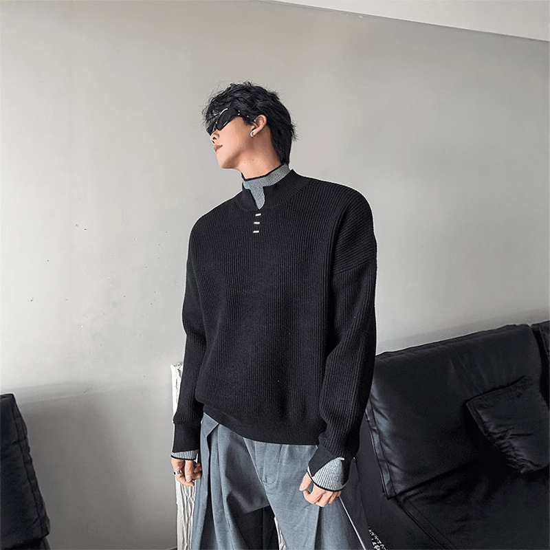 Niche Fake Two-Piece Contrasting Color Double-Layer Turtleneck Knitwear Men's Winter Popular Style Simple Casual Knitwear Top