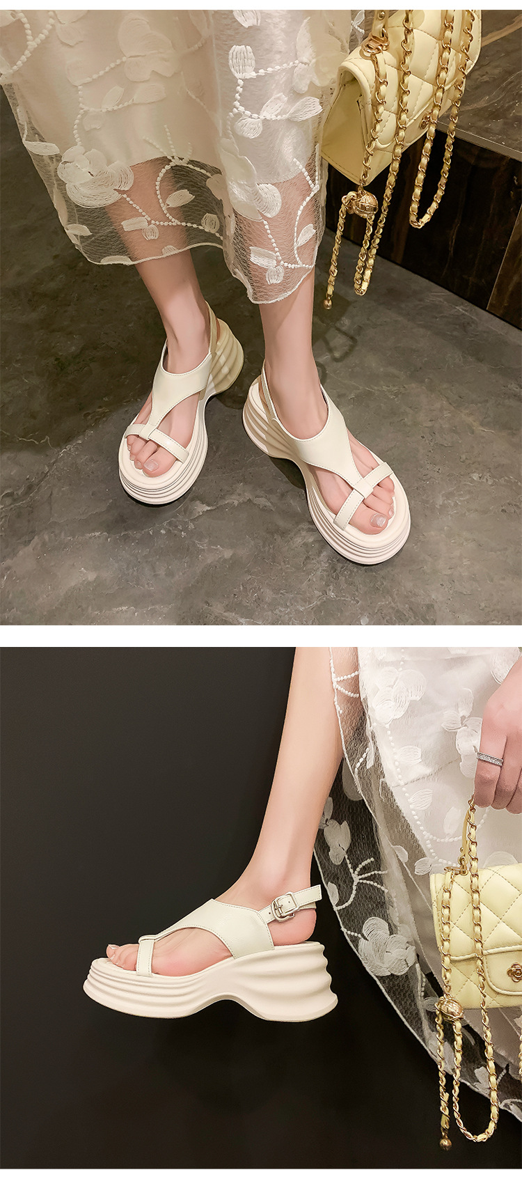 Sandal cao gót nữ hở mũi phong cách biker, đế dày 8cm, kiểu ống bọc La Mã — đen, Màu trắng nhạt chi tiết 14