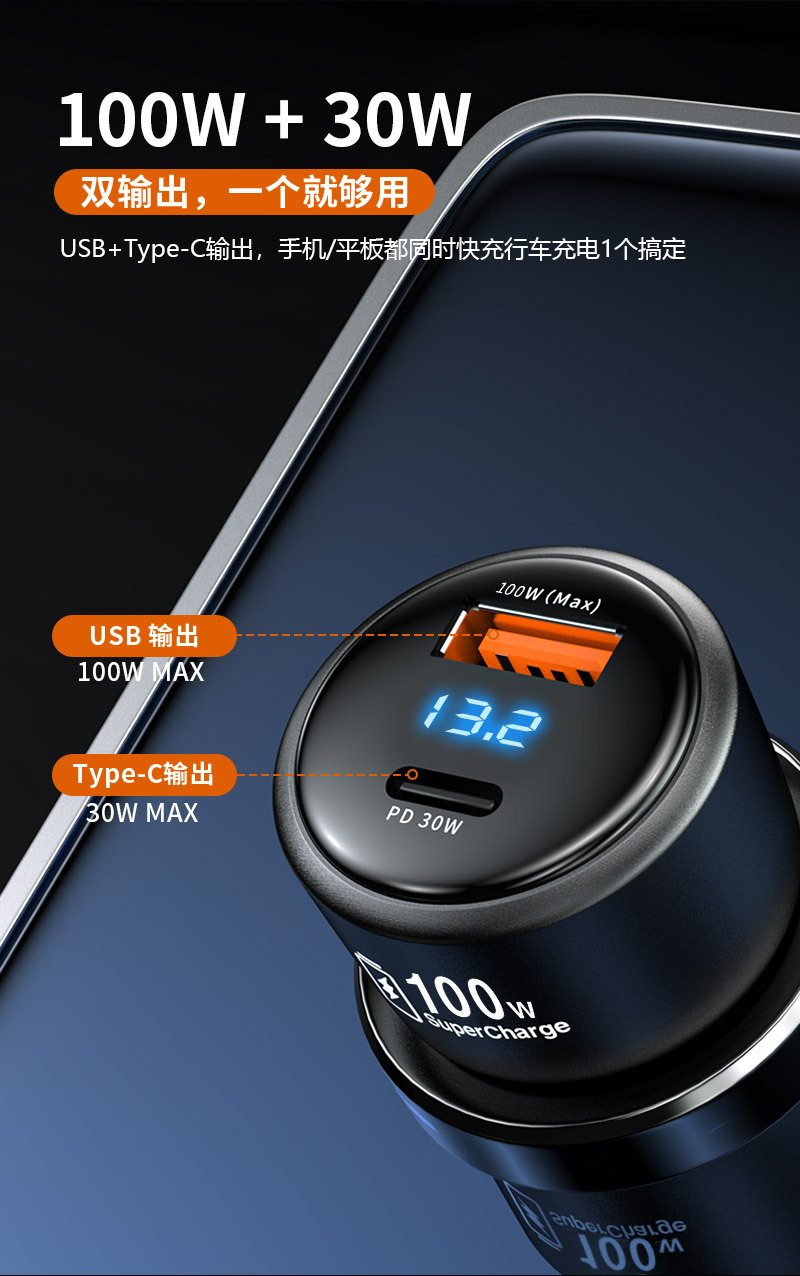 120W Full Protocol Car Charger Is Suitable for Xiaomi, Huawei, Oppo, Honor Super Fast Charging, and Vivo Flash Charging