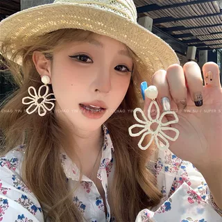 明媚姜黄!多巴胺草编夸张花朵耳环女波西米亚夏日度假风耳钉耳饰
