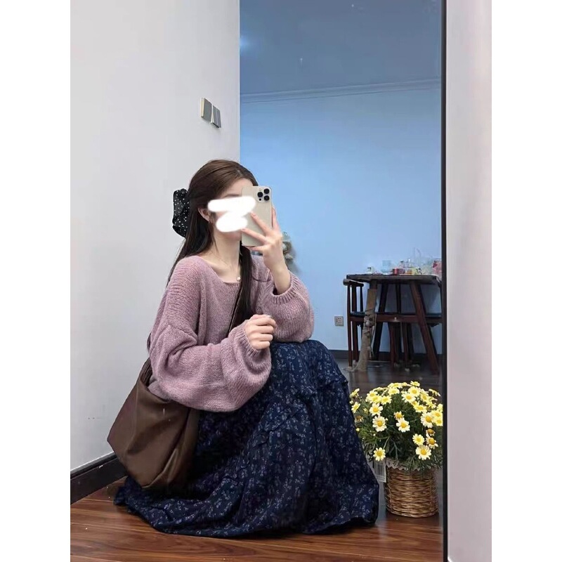 2025秋季女装新款温柔甜美氛围感百搭针织毛衣碎花半身裙两件套装|undefined