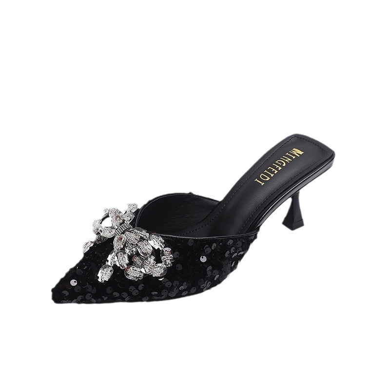 2024 nuevo arco francés de diamante de talón delgado con cabeza media zapatillas para mujeres de verano zapatillas de tacones altos