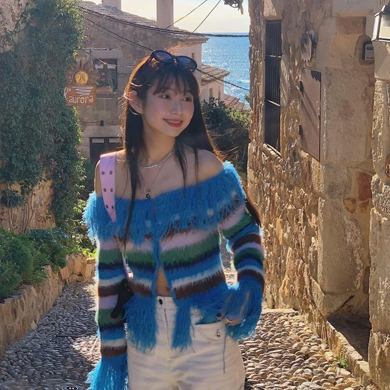 Colorful Knitted Cardigan 2024 New Style Off-Shoulder European and American Y2K Hot Girl Color-Block Striped Tassel Sweater Ins Short Style