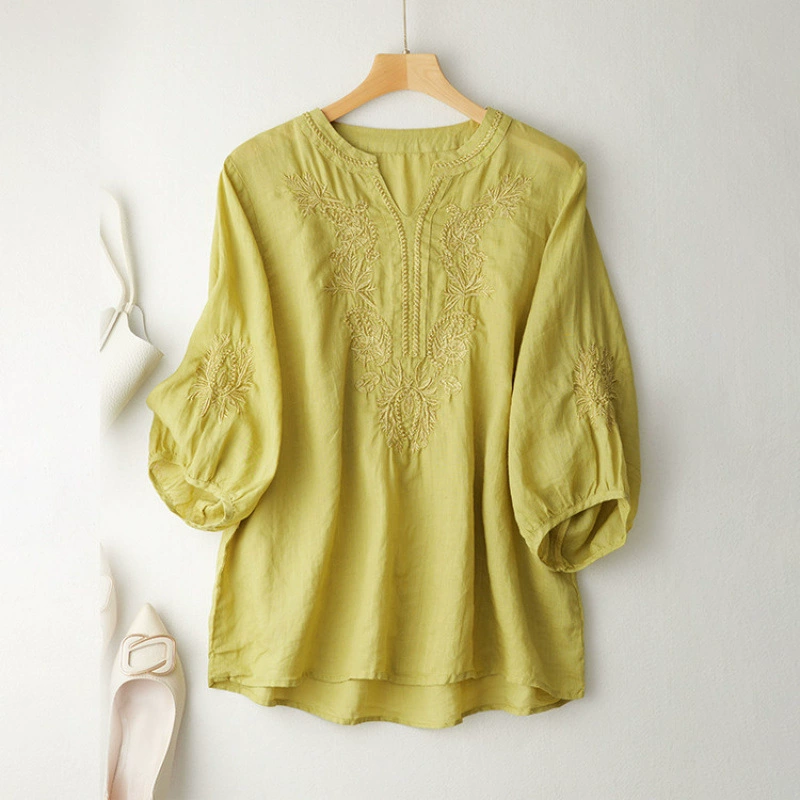 Женская рубашка с вышивкой и рукавами-фонариками, лето 2025, новый свободный топ, закрывающий живот, рубашка в китайском стиле с рукавами три четверти