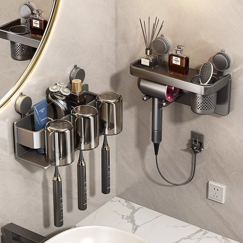 Настенный держатель для ванной комнаты серого цвета с полкой для стаканов, подставкой для щеток и бесплатным хранилищем для зубных щеток, подставка для электрической зубной щетки