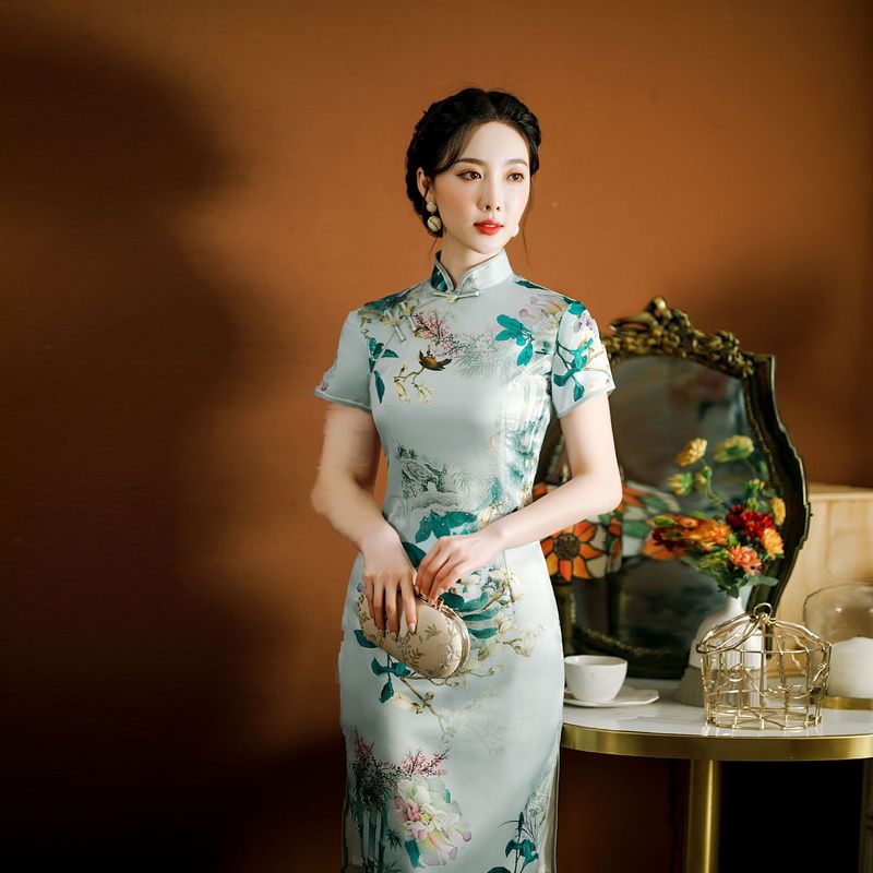 Chinese Dresses for women oriental green floral qipao dresses retro traditional cheongsam dress long