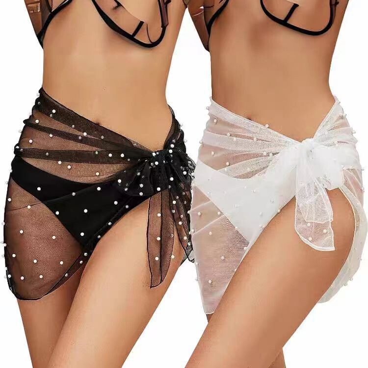 New Style Swimsuit European and American Foreign Trade Triangle Beach Towel Sexy See-Through Pearl Mesh Bikini Cover-Up