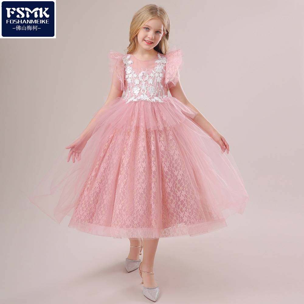 2024 europeo y americano nuevo vestido de las niñas vestido de princesa mullido mediano y grandes niños vestido de malla flor niña vestido de novia