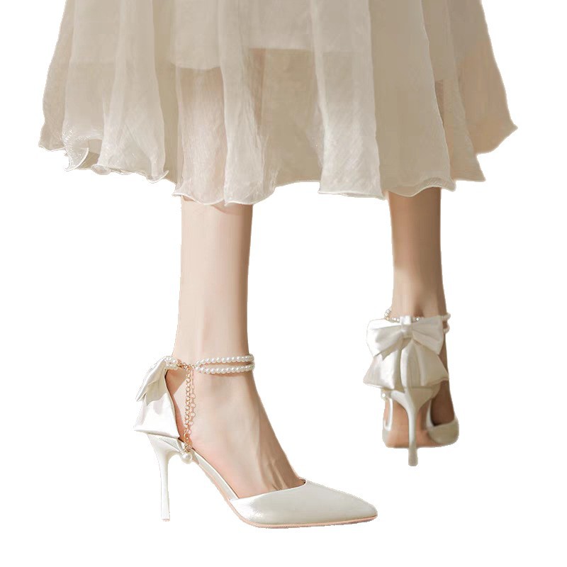 Pointed-toe Women's Shoes, New Autumn 2025 Model, A Single Strap, Pearl Bow, Fairy-style White High With Thin Heels_vogvips.com