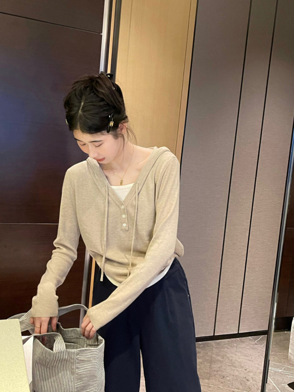 韩系假两件连帽针织衫毛衣女春秋新款设计感别致绝美卫衣长袖上衣|undefined