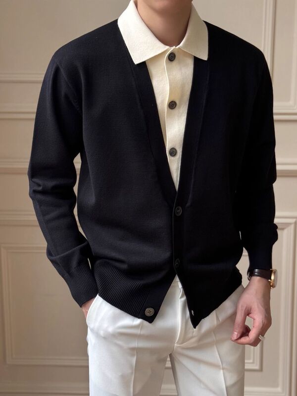 Trendy Fashion Solid Color Long-Sleeve Sweater 2025 New High-End Men's Business Turn-Down Collar Knitwear Fake Two-Piece