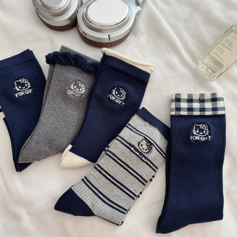 Women's Mid-Calf Socks Ins Trendy Black and White Striped Autumn and Winter Navy Blue Embroidered Kt Cat Versatile Japanese Style Sports Socks