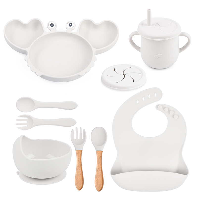 Set de vajilla para bebé de silicona de 9 piezas - Plato con forma de cangrejo, babero, plato dividido, cuchara, tenedor, taza