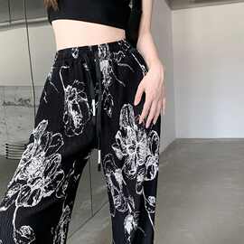 黑色水墨冰丝阔腿裤女夏季薄款高腰垂感宽松直筒凉凉拖地裤子