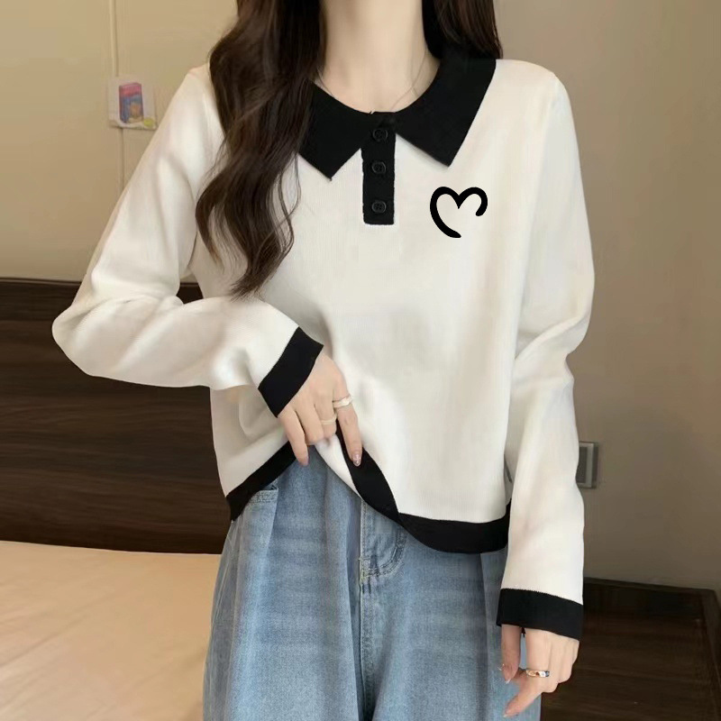 American Retro Black and White Contrasting Raglan Sleeve Long-Sleeved T-Shirt Women's Spring and Autum Bottoming Shirt Short Loose Slimming Look Top