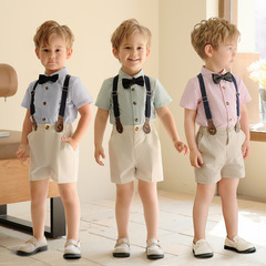 子供服春夏新作英倫ストライプバックパンツ男児満1歳花童ウェディングドレス半袖シャツセット