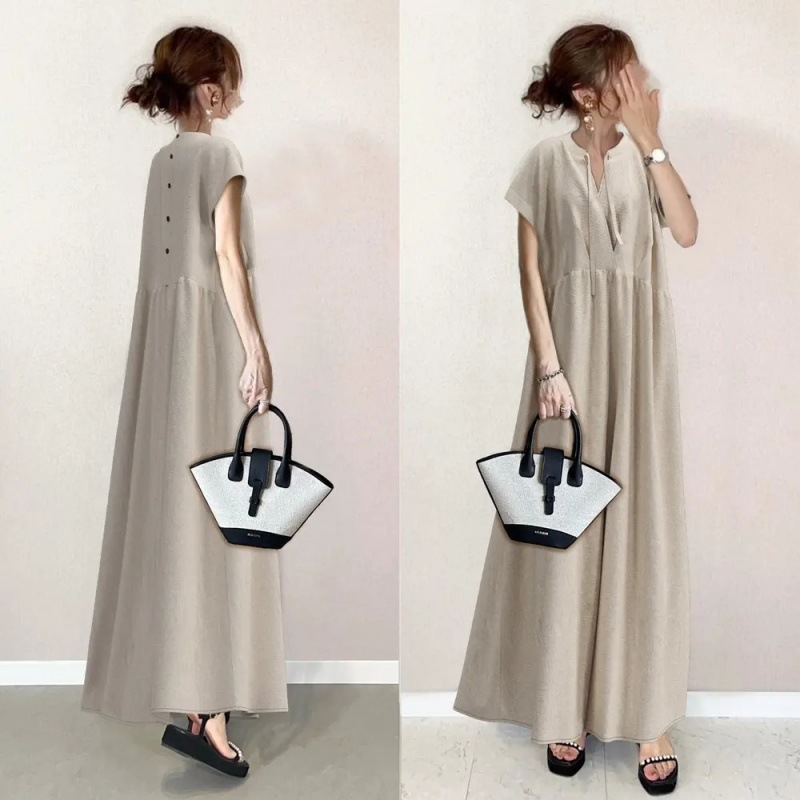 Summer Japanese fresh solid color dress with a round collar for…