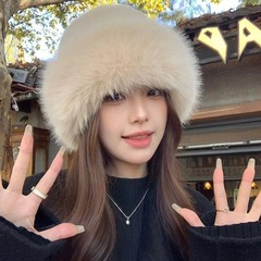 秋冬のミンクの毛の帽子の女性の冬の高級感の百合のぬいぐるみの漁師の帽子の大きい頭の周りの保温の耳のモンゴルの帽子