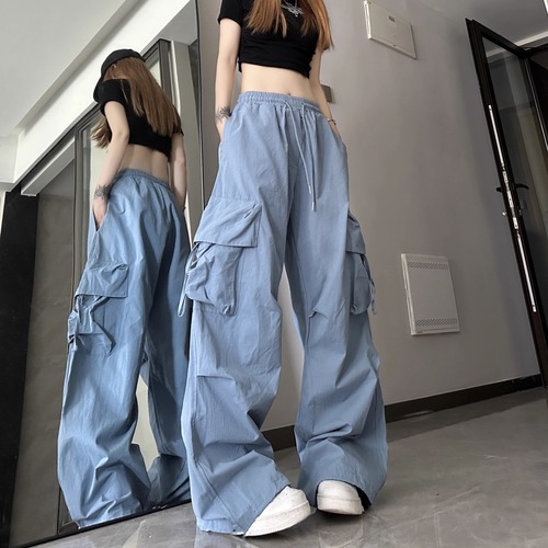 Vintage American-style women's unique work pants with 3D pockets, straight waist, straight-leg wide-leg fringe loose casual floor-length pants