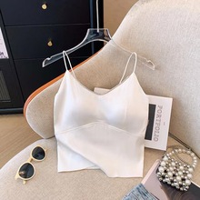 新中式国风V领醋酸缎面吊带背心带胸垫免穿BRA带钻洋气时尚背心女