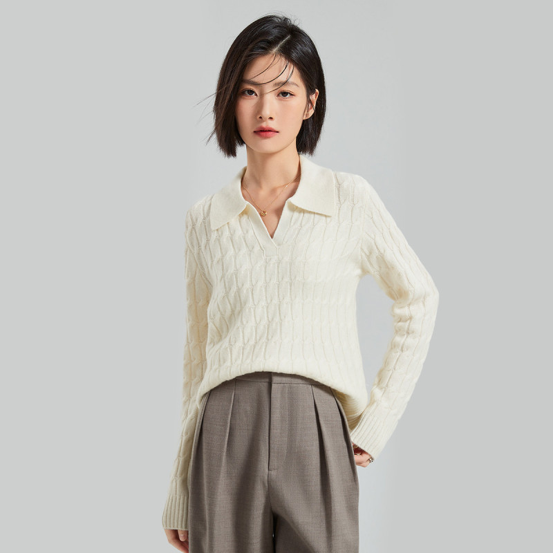 【100%羊毛】秋冬休闲简约条纹POLO领绞花通勤打底衫女士羊毛上衣|undefined
