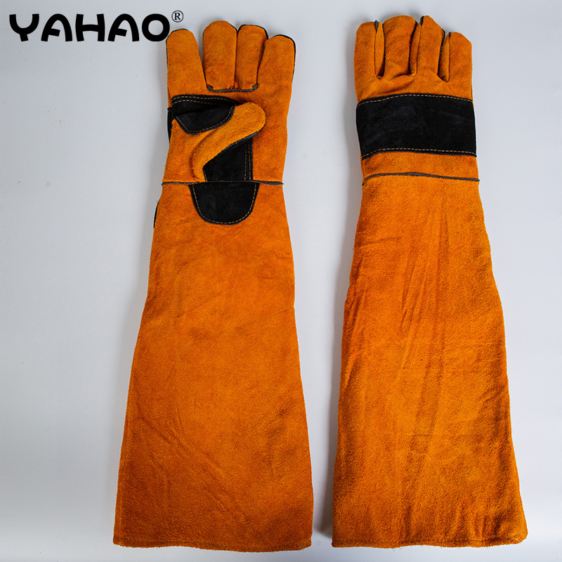 牛皮加长手套劳保防护手套60CM防宠物猫狗撕咬抓加厚防咬伤手套l