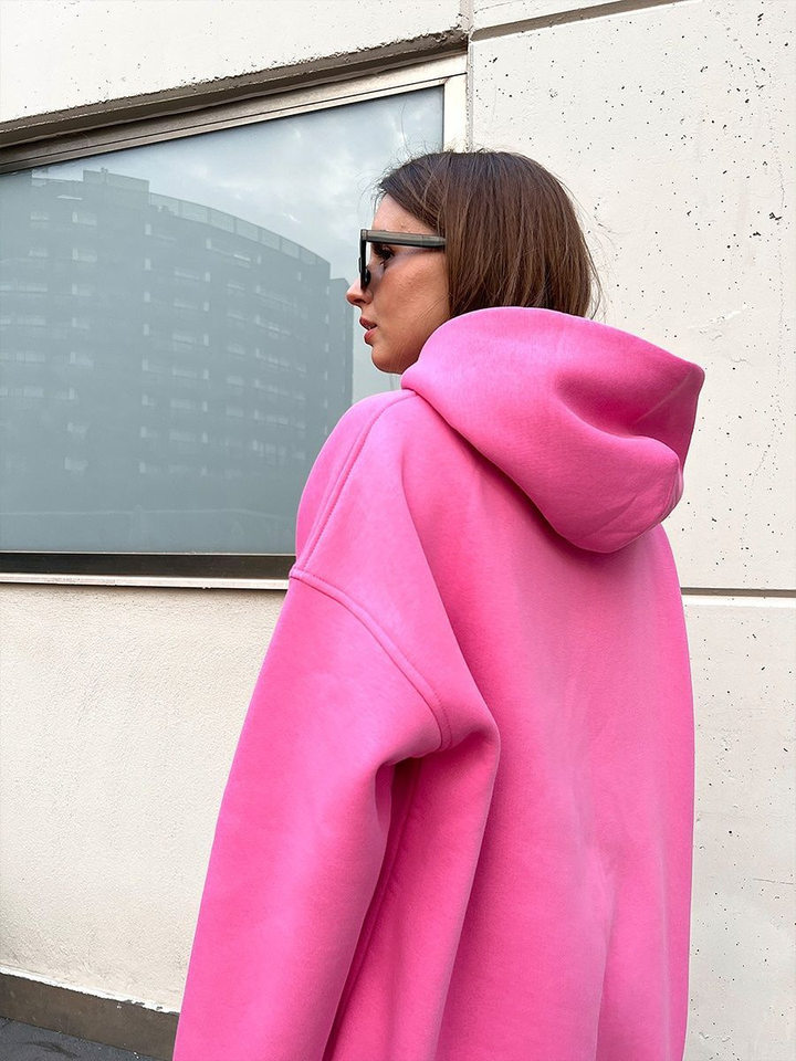 Áo hoodie nỉ lông dáng rộng có mũ và túi, tay dài, dáng unisex — Màu cà phê, Màu hồng, Màu xám, Màu đen chi tiết 27