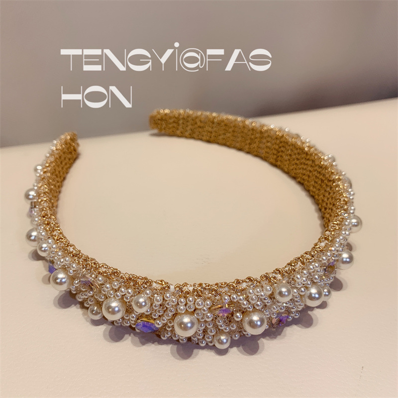 Women's Glam Korean Style Plaid Resin Inlay Crystal Pearl Hair Band display picture 6