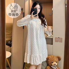 带胸垫睡衣女春秋季新款韩版甜美ins风棉质长袖睡裙家居服可爱穿