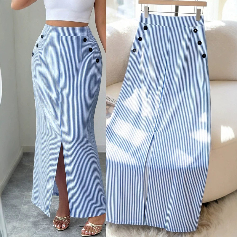 Amazon Cross-Border European and American Striped High-Waisted Side Slit Skirt Women's New Summer Style Versatile Elegant Long Skirt Amazon Cross-Border European and American Striped High-Waisted Side Slit Skirt Women's New Summer Style Versatile Elegant Long Skirt