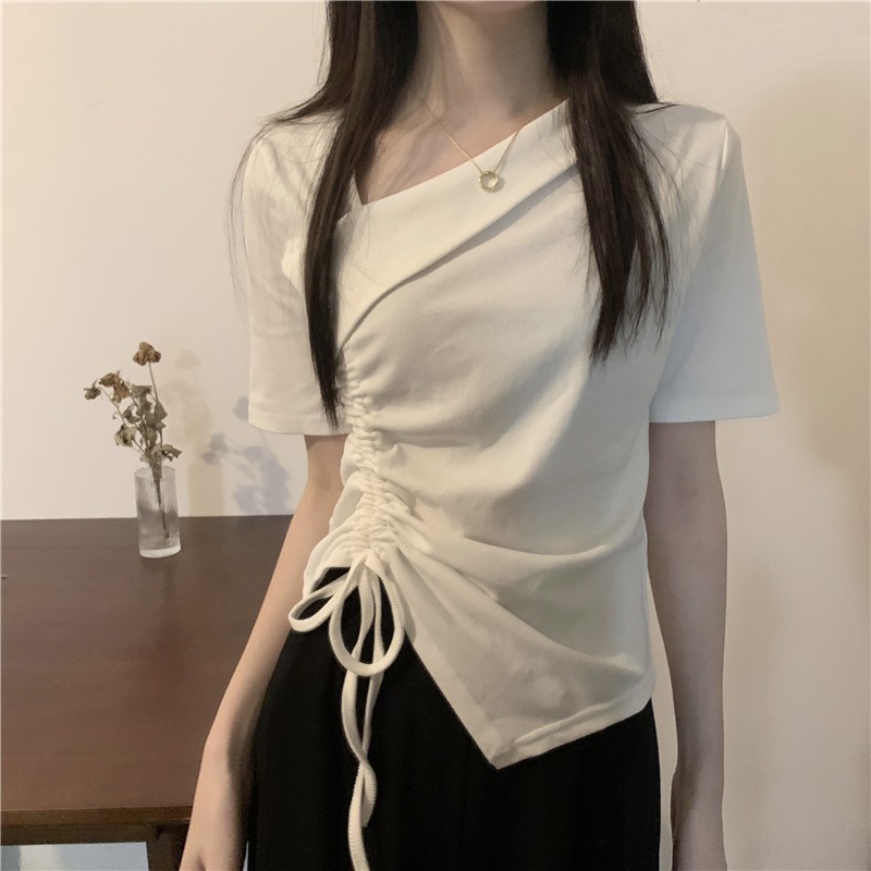 女性用斜め襟右肩半袖Tシャツ、夏用巾着、不規則なデザイン、甘辛スリムフィットアウターTシャツ、シックなトップス|undefined