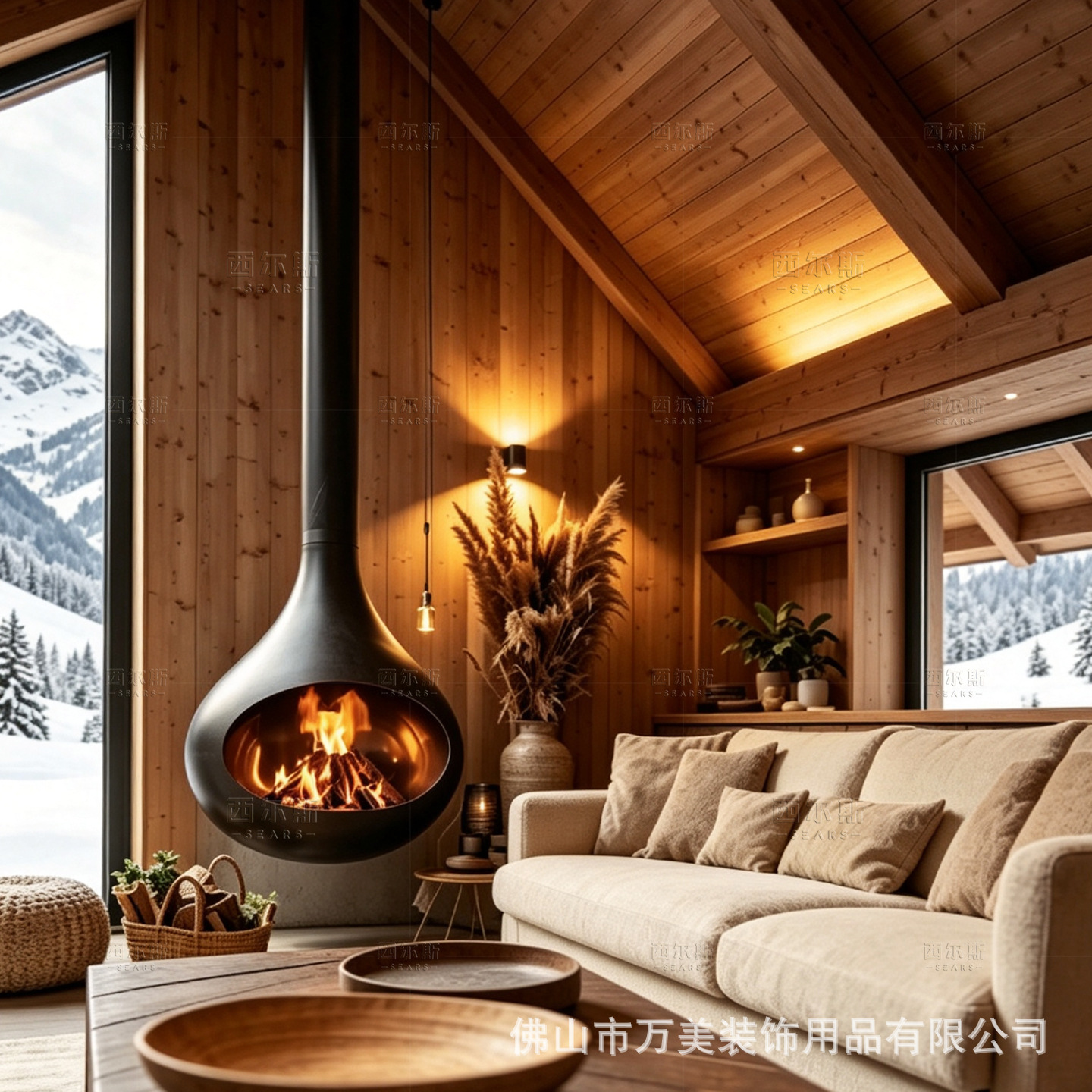 Hanging creative water drop wood-burning alcohol atomized electronic fireplace for villa interior, with real or fake fire for heating