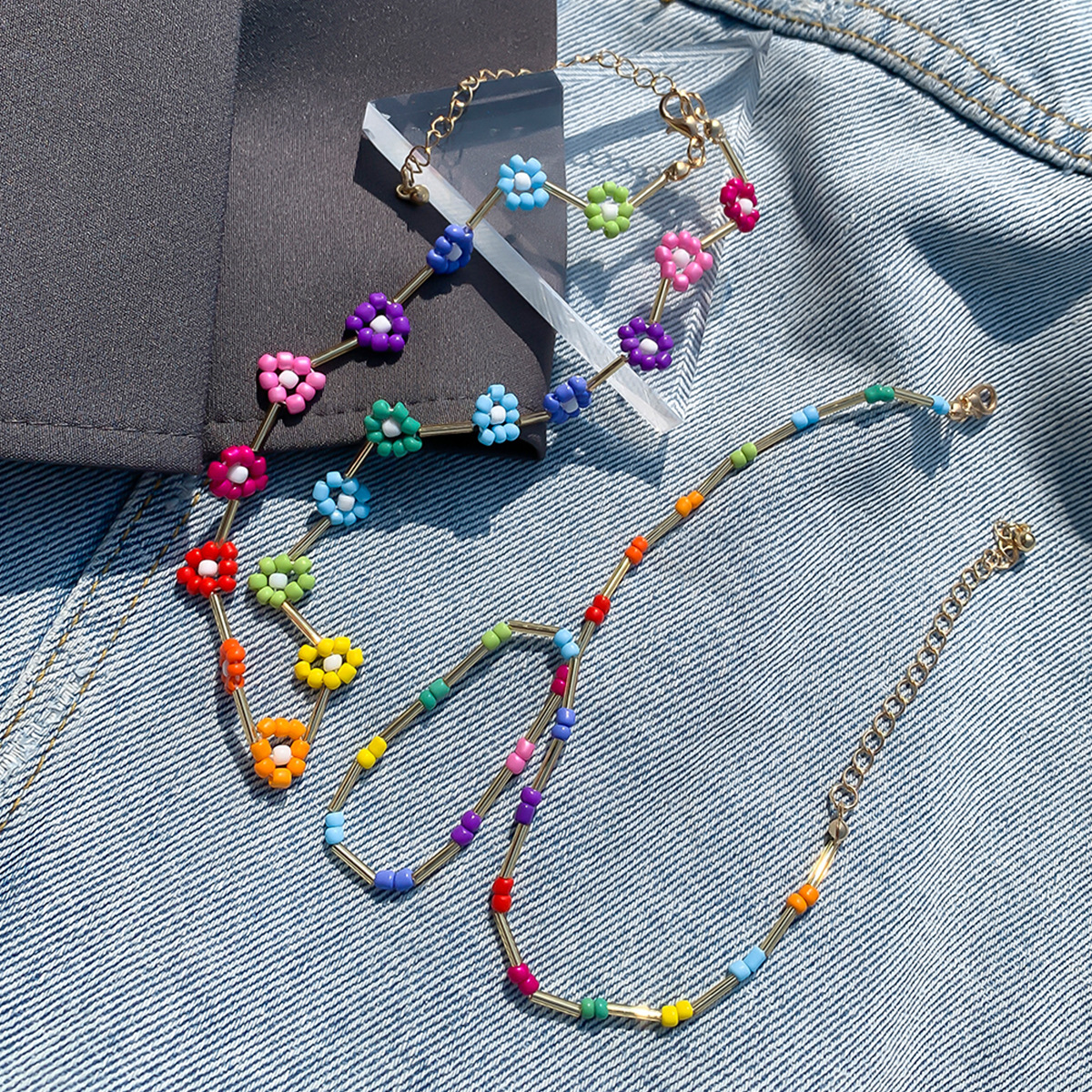 Fashion Ornament Ethnic Colorful Bead Woven Simple Little Daisy Double Layer Necklace