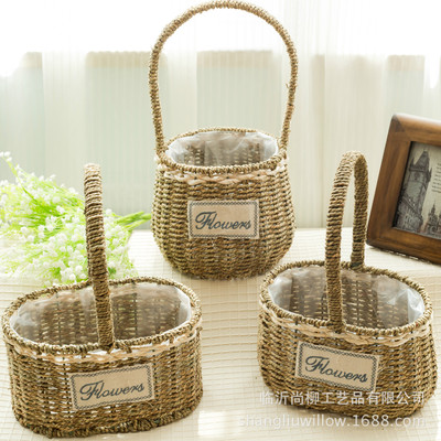 廠家批發節日禮品草編提籃花籃手工編喜鋪伴禮手禮品鮮花包裝資材