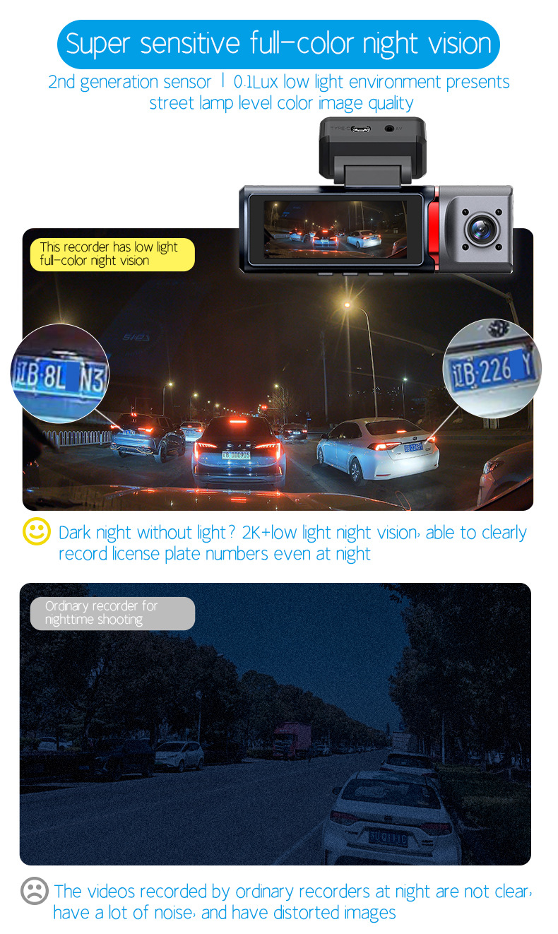 Cross-Border 4K High-Definition Night Vision 3.19inch Dash Cam with Three Lenses Recording Simultaneously from the Front, Inside the Car, and from the Rear, with Wifi