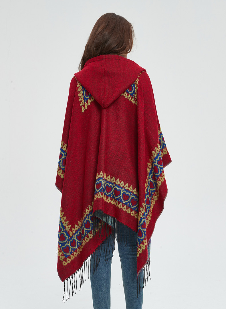 Mantello invernale unisex con scialle primaverile e autunnale Stile etnico Mantello con cappuccio con frange rosse Love_voghion.com