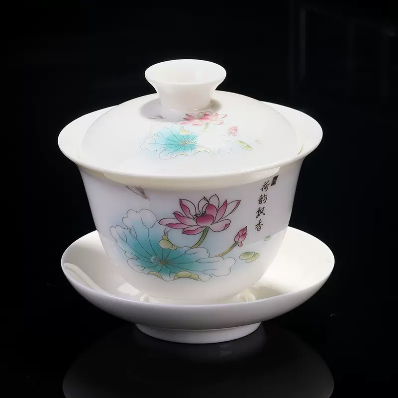 白瓷盖碗羊脂玉瓷纯白三才陶瓷功夫茶具单个泡茶大号茶碗高带盖