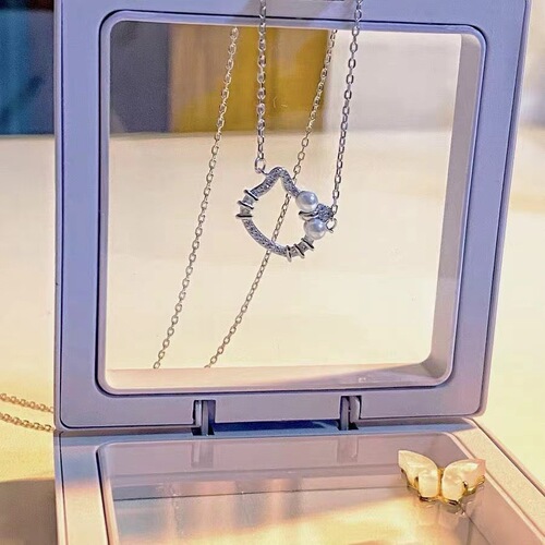 Cartoon Kitty Cat Head Pearl Bow Cute Elegant Diamond Pendant Necklace for Girlfriend Gift Friend Necklace