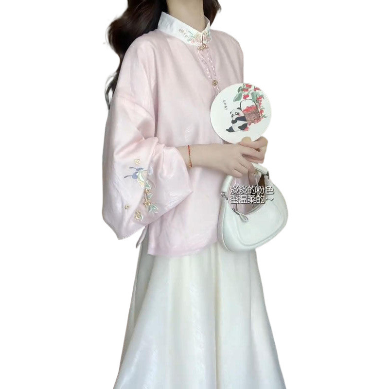 大码胖新中式国风套装改良汉服上衣新款女衬衫马甲半身裙三件套|undefined