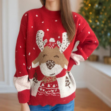 亚马逊跨境圣诞秋冬季新款针织毛衣女圆领拼色卡通小鹿宽松套头衫